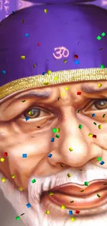 Sai Baba artwork with purple tones and colorful confetti.