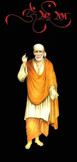 Sai Baba portrait on black background mobile wallpaper.