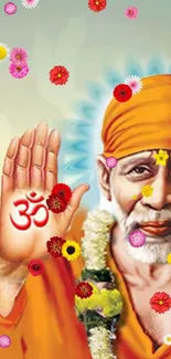 Sai Baba with flowers mobile wallpaper, spiritual theme.