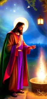 Serene spiritual mobile wallpaper with vibrant colors and glowing figure.