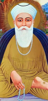 Spiritual Guru Nanak Dev Ji in serene landscape with vibrant nature.