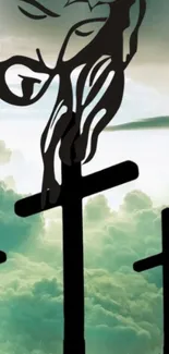 Spiritual wallpaper featuring crosses against a turquoise sky.