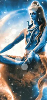 Artistic image of Lord Shiva in meditation with vibrant blue tones and spiritual ambiance.