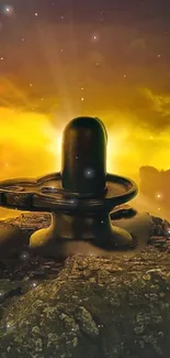 Spiritual Shivling with vibrant sunset background in mystical landscape.