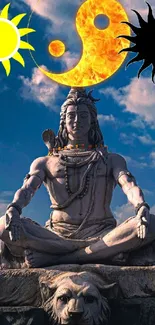 Majestic statue with celestial symbols under a vibrant sky.