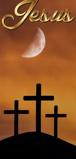 Silhouetted crosses against an orange sunset sky with a crescent moon.