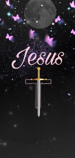 Jesus, sword, and butterflies wallpaper with a moonlit background.