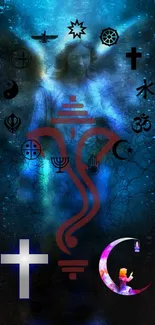 Mystical spiritual symbols on deep blue phone wallpaper.