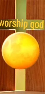 Wooden cross with sun, text 'worship god', warm tones.