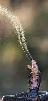 A spitting cobra captured mid-action in nature.