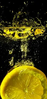 Lemon slice making splash on black background with bubbles.