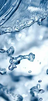 Dynamic water droplets splashing in a blue abstract mobile wallpaper.