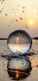 Water droplet splashing at sunset over a reflective surface, serene and artistic.