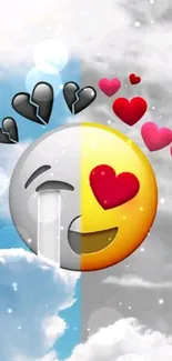 Split emoticon with hearts and clouds in a dual sky background.