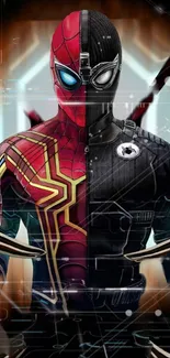 Dynamic split-suit superhero wallpaper featuring red and black design.