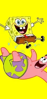 SpongeBob and Patrick having fun on a bright yellow background.