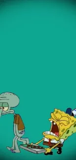 SpongeBob and Squidward on a teal background, cartoon wallpaper.