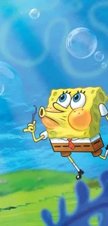 SpongeBob SquarePants running underwater with bubbles.