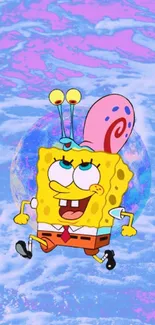 SpongeBob with cosmic background in vibrant pink hues.