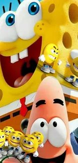 SpongeBob and emojis mobile wallpaper with bright colors.