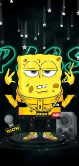 Cartoon SpongeBob in hip hop style on a black background wallpaper.