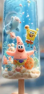 SpongeBob and Patrick in a popsicle art scene, underwater theme.
