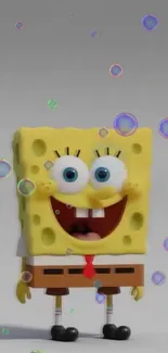 SpongeBob SquarePants with floating bubbles on a colorful wallpaper.