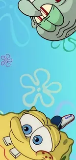 SpongeBob and Squidward fun wallpaper with blue background.