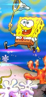 SpongeBob SquarePants diving deep underwater with a net.