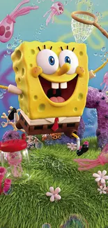 SpongeBob SquarePants in colorful underwater scene with marine life.