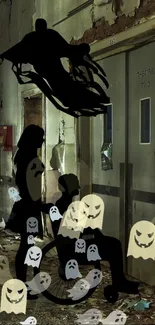 Spooky scene with ghosts in abandoned hospital hallway.