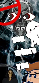 Animated ghost with skeleton and smoky background.