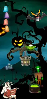 Animated Halloween wallpaper with spooky creatures and pumpkins.