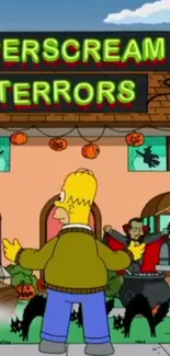 Cartoon figure in Halloween-themed scene with "EverScream Terrors" sign.