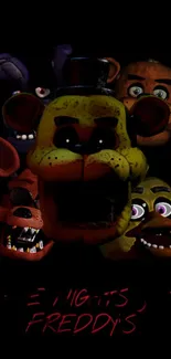 Spooky animatronic faces on a dark eerie background.