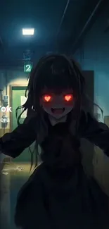 Anime figure with glowing red eyes in dark corridor.