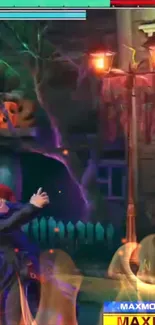 Spooky arcade scene with glowing pumpkins and street lights.