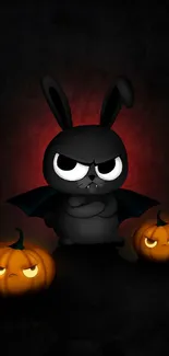 Spooky cartoon rabbit with pumpkins on black background.