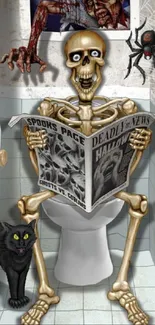 Skeleton in bathroom reading newspaper with black cat.