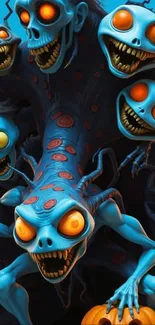 Spooky blue creatures with glowing eyes in digital art.