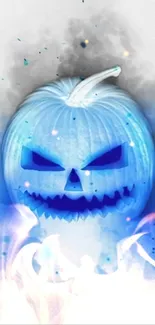 Glowing blue pumpkin with mystical flames on a spooky mobile wallpaper.