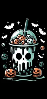 Halloween skull drink with bats and pumpkin faces on black background.