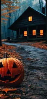 Spooky cabin in woods with lit pumpkin on path for Halloween.