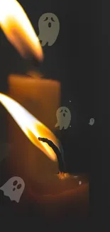 Eerie candle flames with ghostly shapes on a dark background for mobile wallpaper.