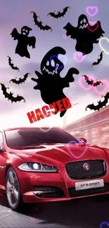 Red car with spooky Halloween ghost and bats design.