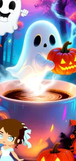Whimsical cartoon ghost and pumpkin over coffee cup in spooky forest.