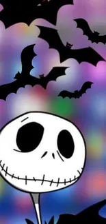 Spooky cartoon wallpaper with bats and a skeleton against a vibrant blurred background.