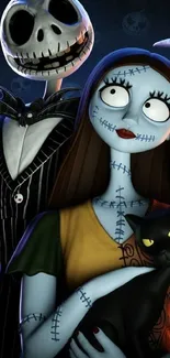 Spooky animated characters with a black cat, in a gothic style