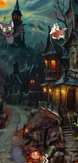 Cartoon village with Halloween theme and animated characters.