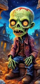 Cartoon zombie in haunted village scene.